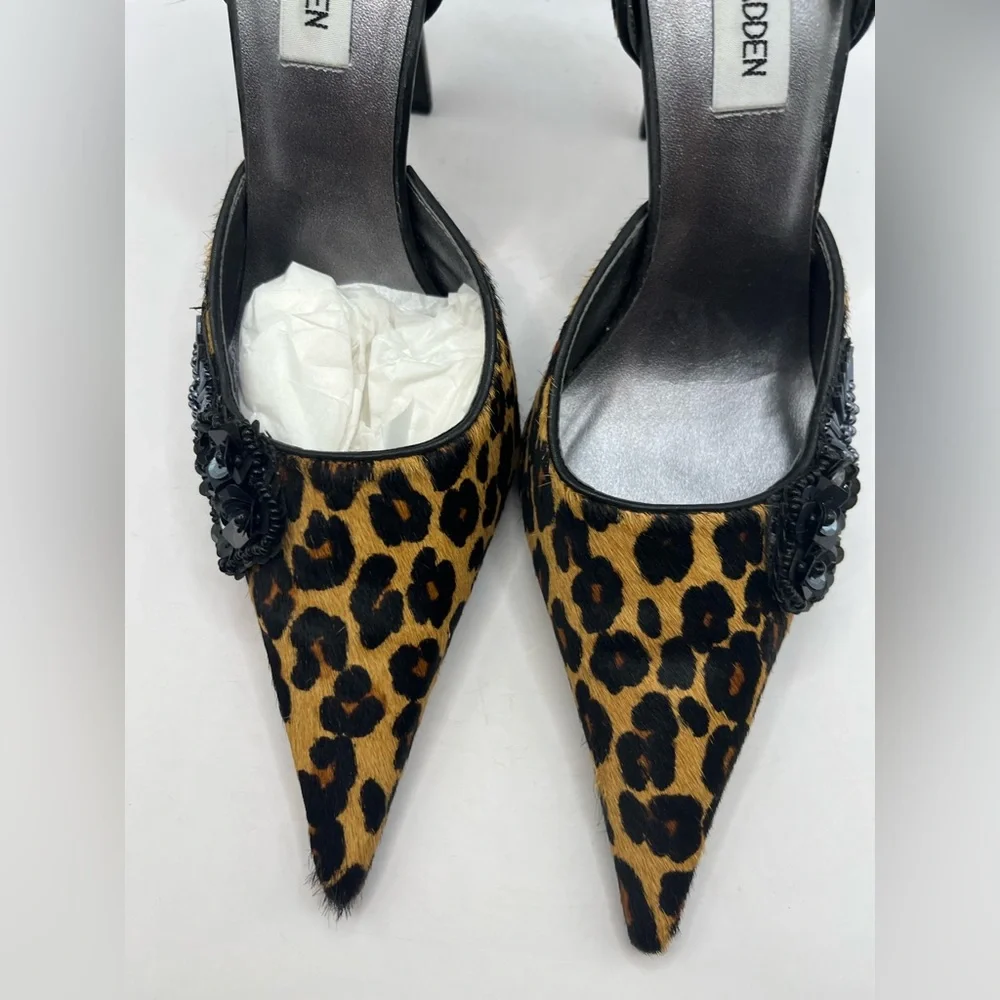 Steve Madden Leopard Print Pony Hair Heels Size 7.5 Pointed Toe With Embellish - Picture 9 of 11